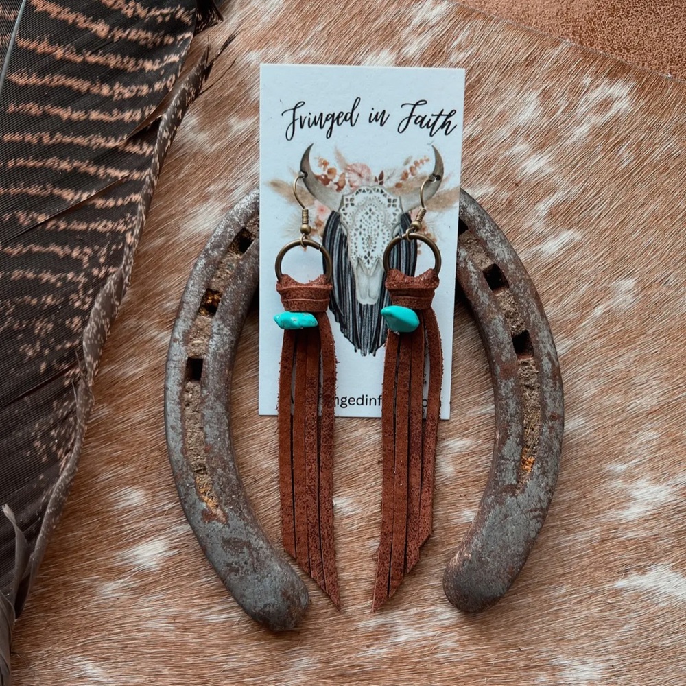 Brown Leather Fringe Earrings with Turquoise Accent